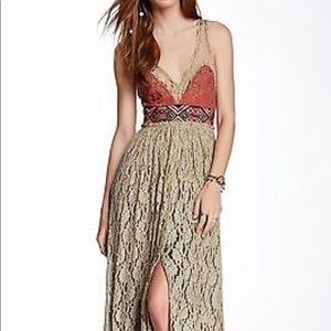 Free people crushed gold lace maxi party dress